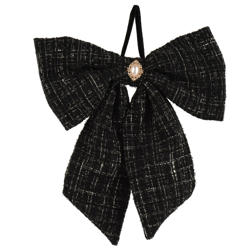 Matilda Black Tweed Pearl Detail Bow - 34cm